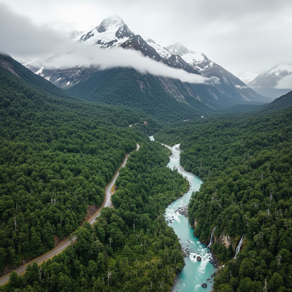 Campervan recorriendo la Carretera Austral — bosques y lagos turquesa de la Patagonia chilena