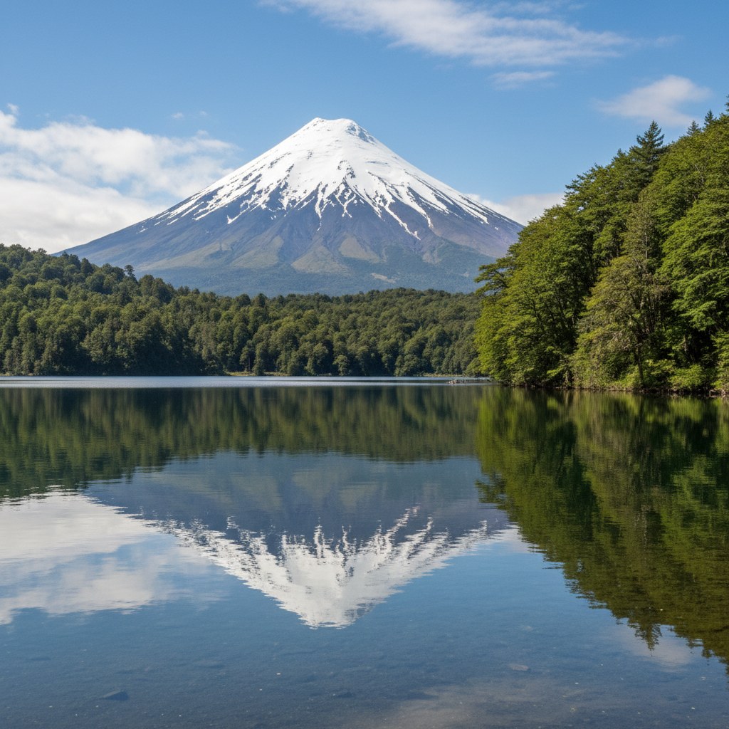 Ruta de Los Lagos — volcán Osorno reflejado en lago Todos los Santos