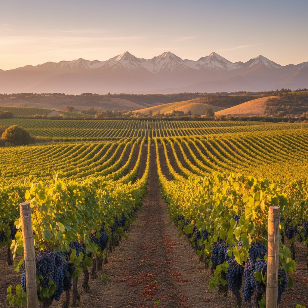 Ruta del Vino — viñedos del Valle de Colchagua con cerros de fondo