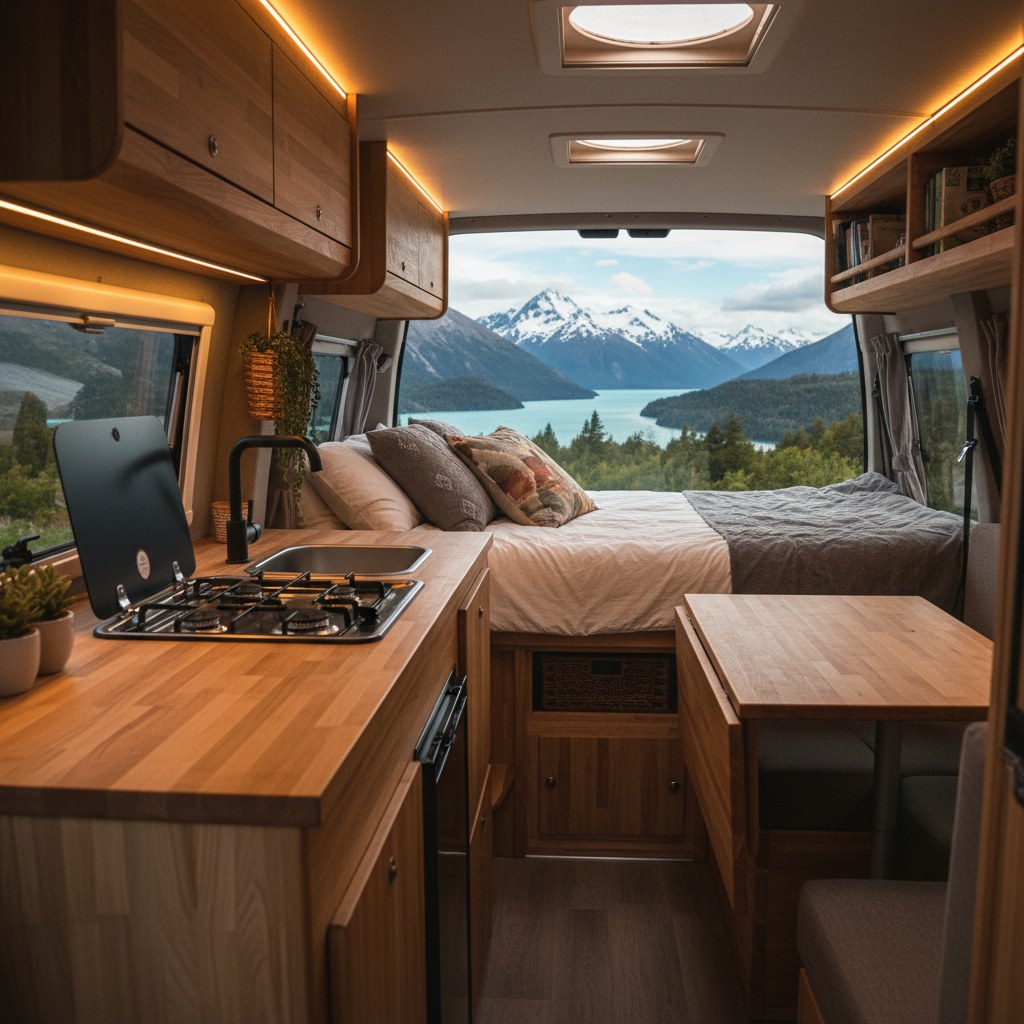 Van Comfort 4 personas — vista interior con cocina equipada y camas plegables